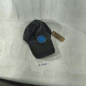Dark Grey Charcoal Cap with Blue Embroidered Smiley Face Emblem